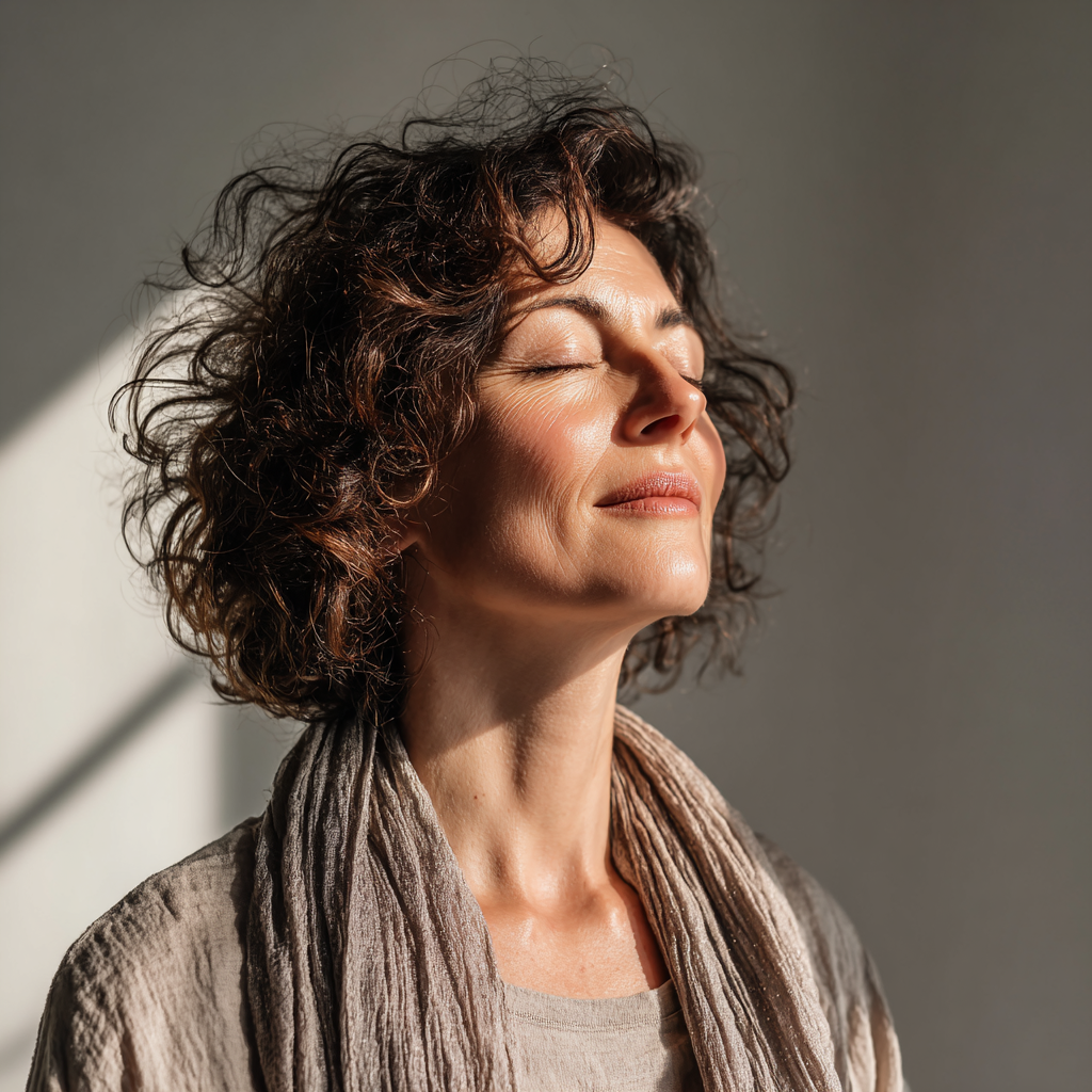 50 years old middle-aged woman practicing mindful breathing in natural light studio