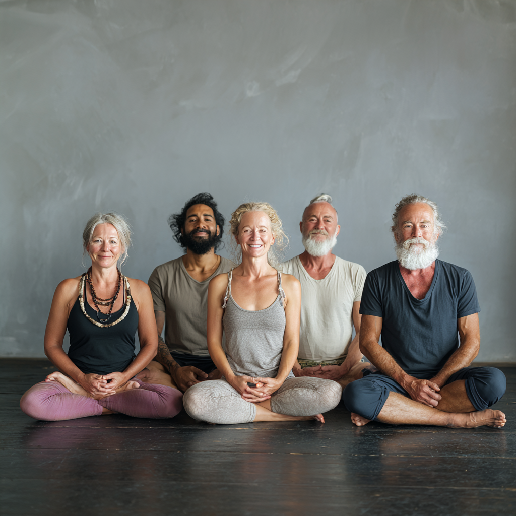 51 years old yoga instructors of various ages in peaceful studio