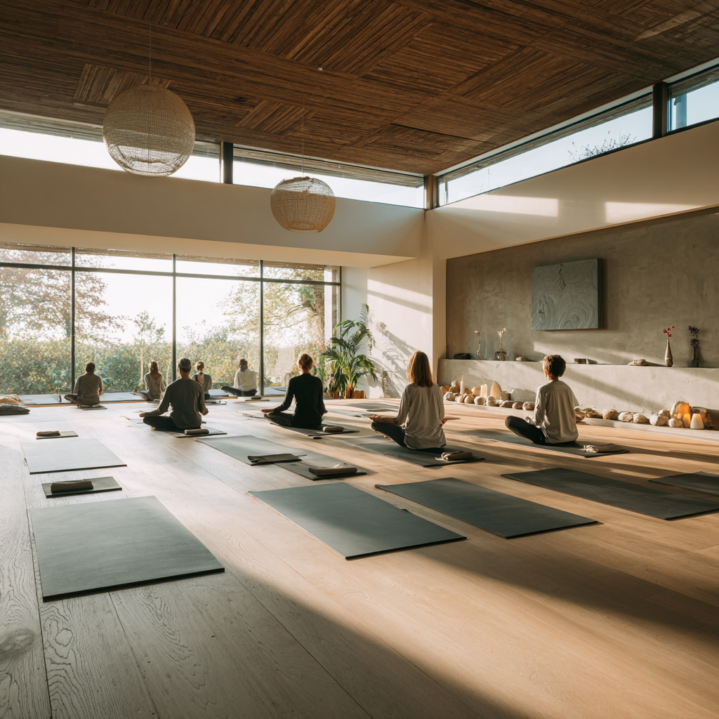 Peaceful yoga studio interior with natural light and 52 years old practitioners